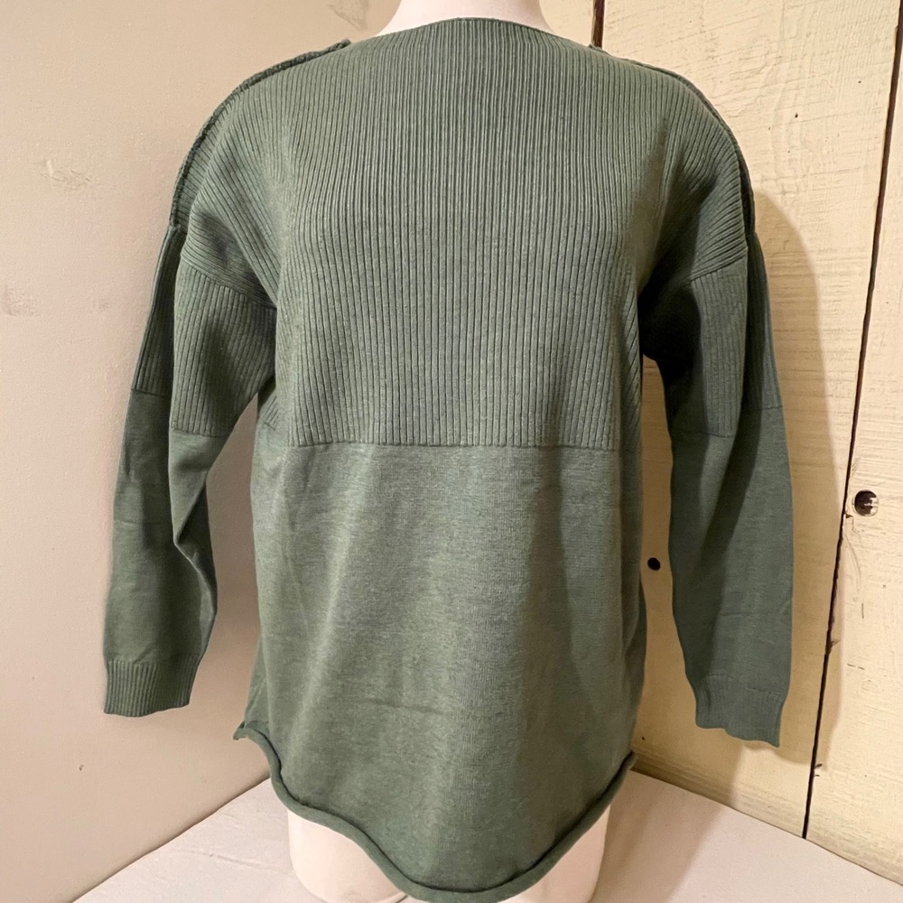 Misslook Women's Size Large Knit Sweater Top Green Ribbed Cotton Blend Casual